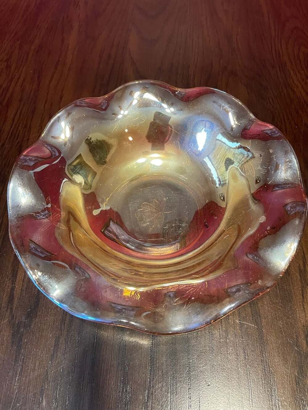 Jeannette Glass Iris and Herringbone Marigold Carnival Glass Bowl
